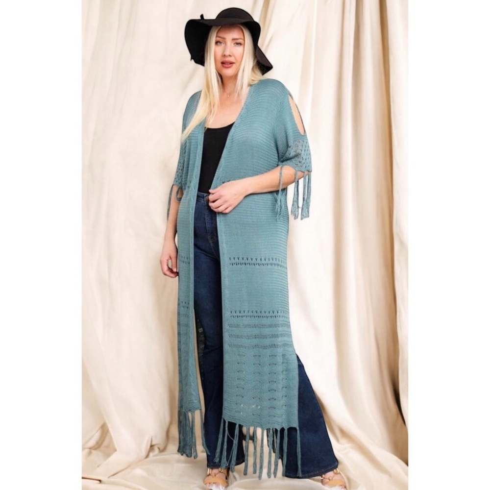 DAVI & DANI Blue Sage Half Sleeve Solid Color Cardigan with Fringe - Picture 3 of 7